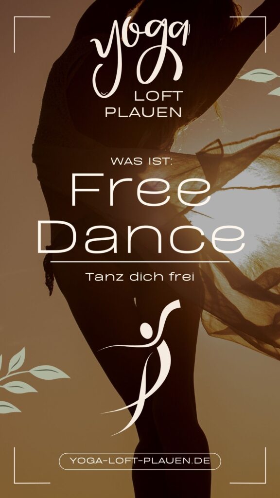 Das Bild ist von einem Yogastudio in Plauen im Vogtland was zwischen Chemnitz, Zwickau, Greiz, Hof, Auerbach an der A72 liegt. Silhouette einer tanzenden Person mit fließendem Stoff während des Free Dance. Der Text "WAS IST: Free Dance Tanz dich frei" ist gut sichtbar.